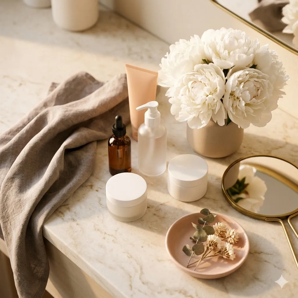 Detail of salon styling station with brass and blush accents