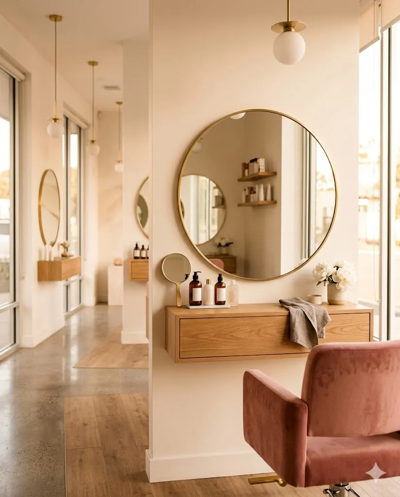 Warm minimalist boutique salon interior with brass and blush details