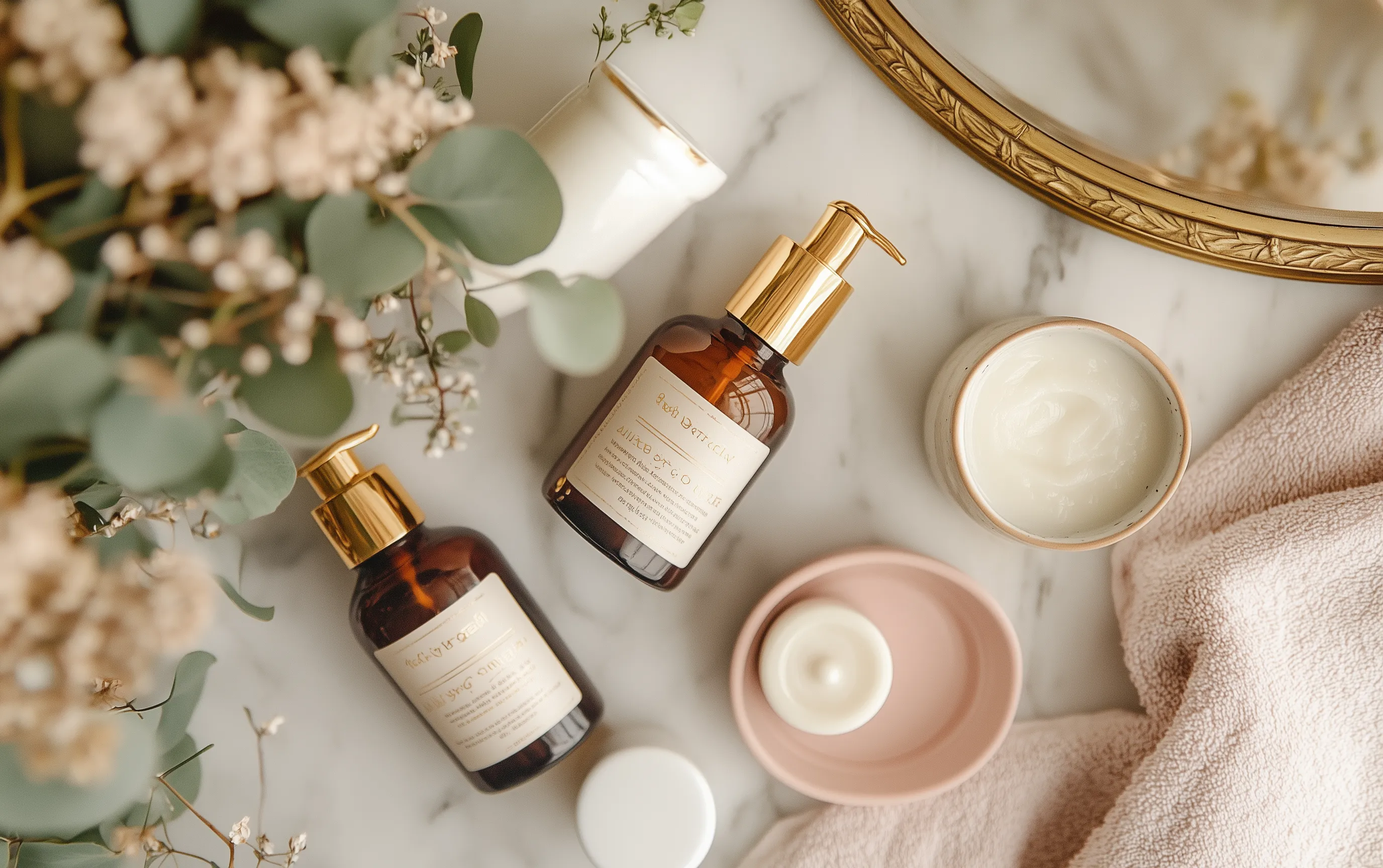 Curated flat lay of premium hair and skincare products