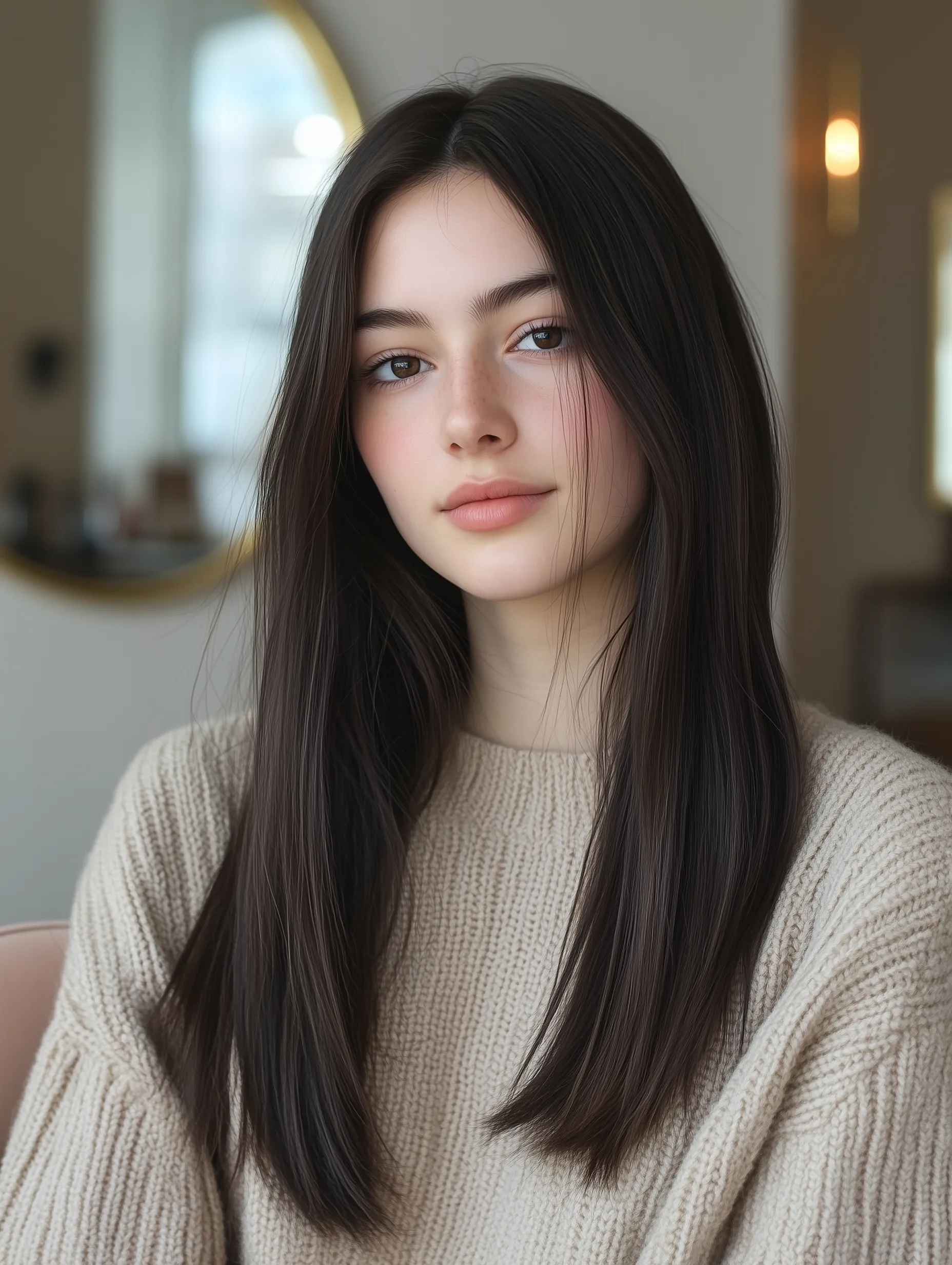 Before: flat one-dimensional dark brown hair